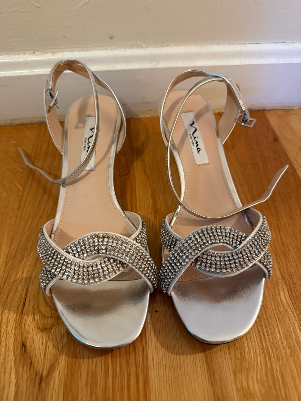 Nina Silver Rhinestone Twist Ankle-Strap Heels